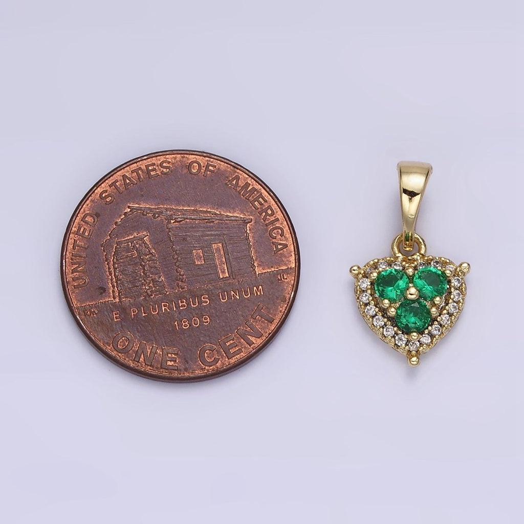 14K Gold plated Triple Green CZ Micro Paved CZ Heart Pendant | AA646 - DLUXCA