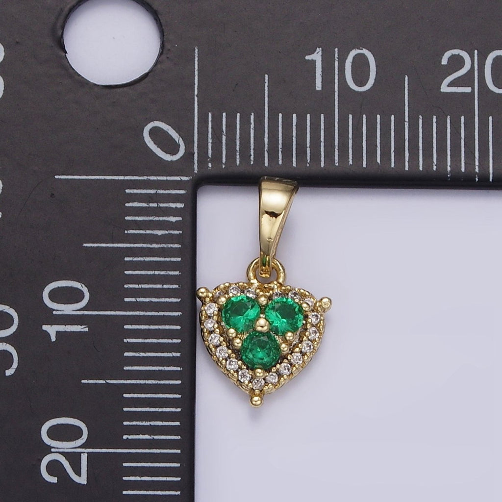 14K Gold plated Triple Green CZ Micro Paved CZ Heart Pendant | AA646 - DLUXCA