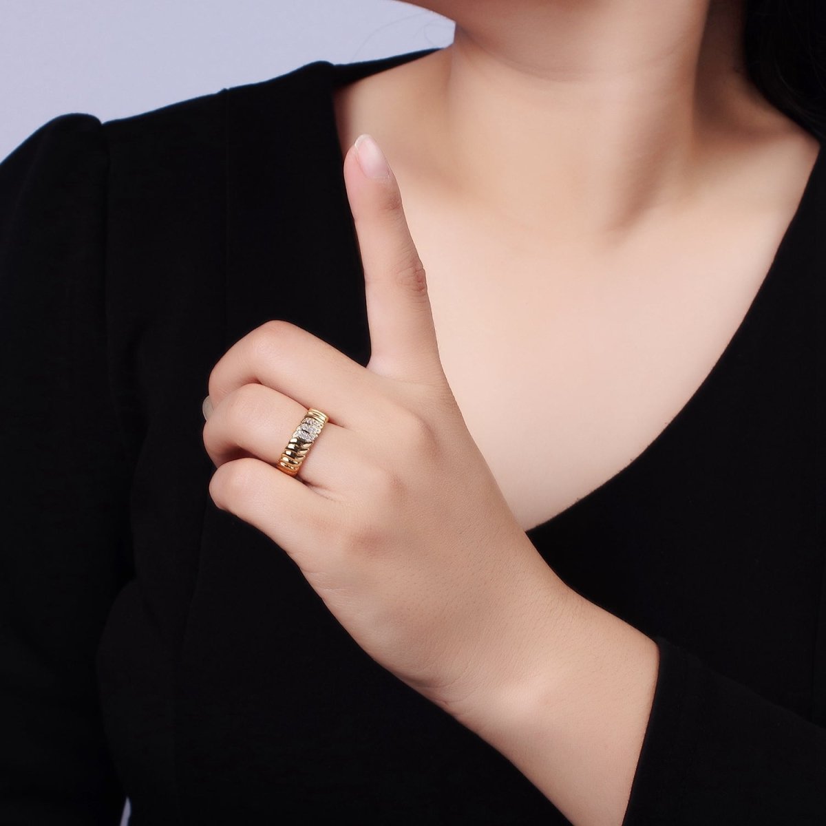 14K Gold plated Triple Micro Paved CZ Croissant Ring | O1265 - DLUXCA