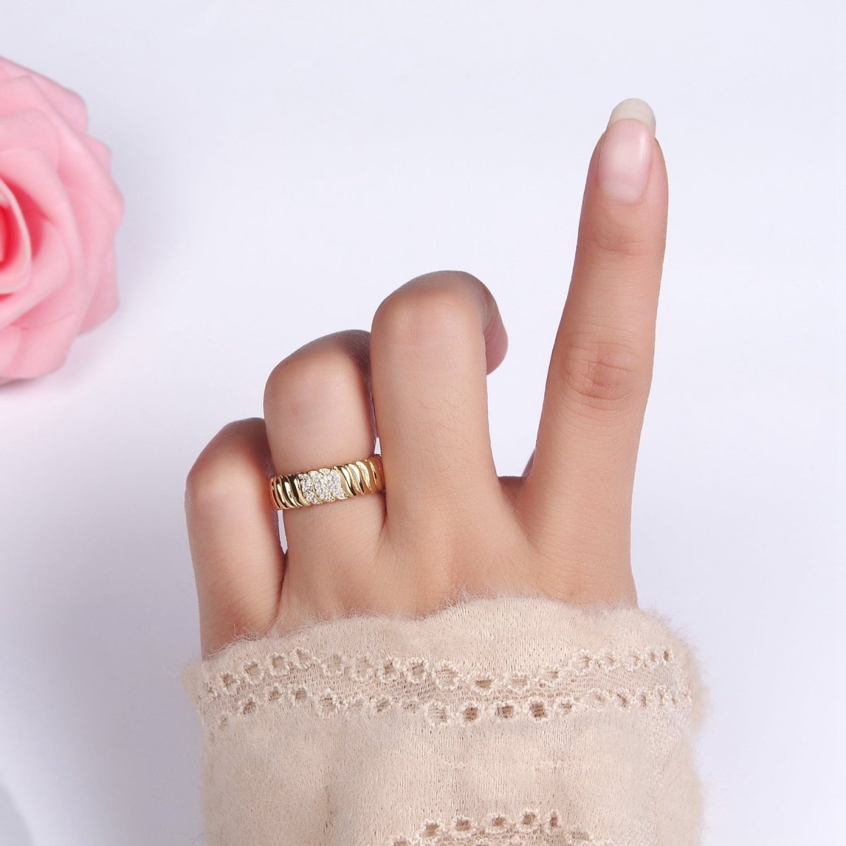 14K Gold plated Triple Micro Paved CZ Croissant Ring | O1265 - DLUXCA