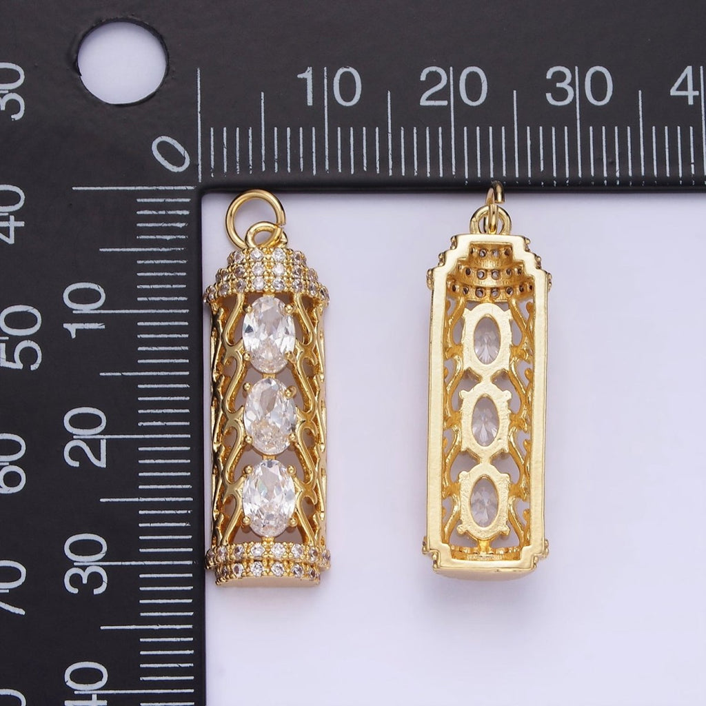 14K Gold plated Triple Oval CZ Open Filigree Micro Paved Tube Charm | AG620 - DLUXCA