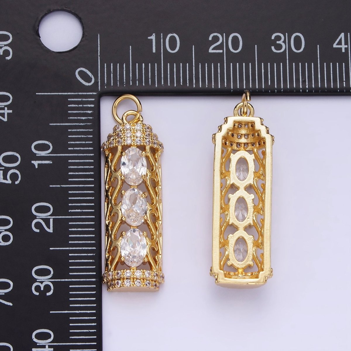 14K Gold plated Triple Oval CZ Open Filigree Micro Paved Tube Charm | AG620 - DLUXCA