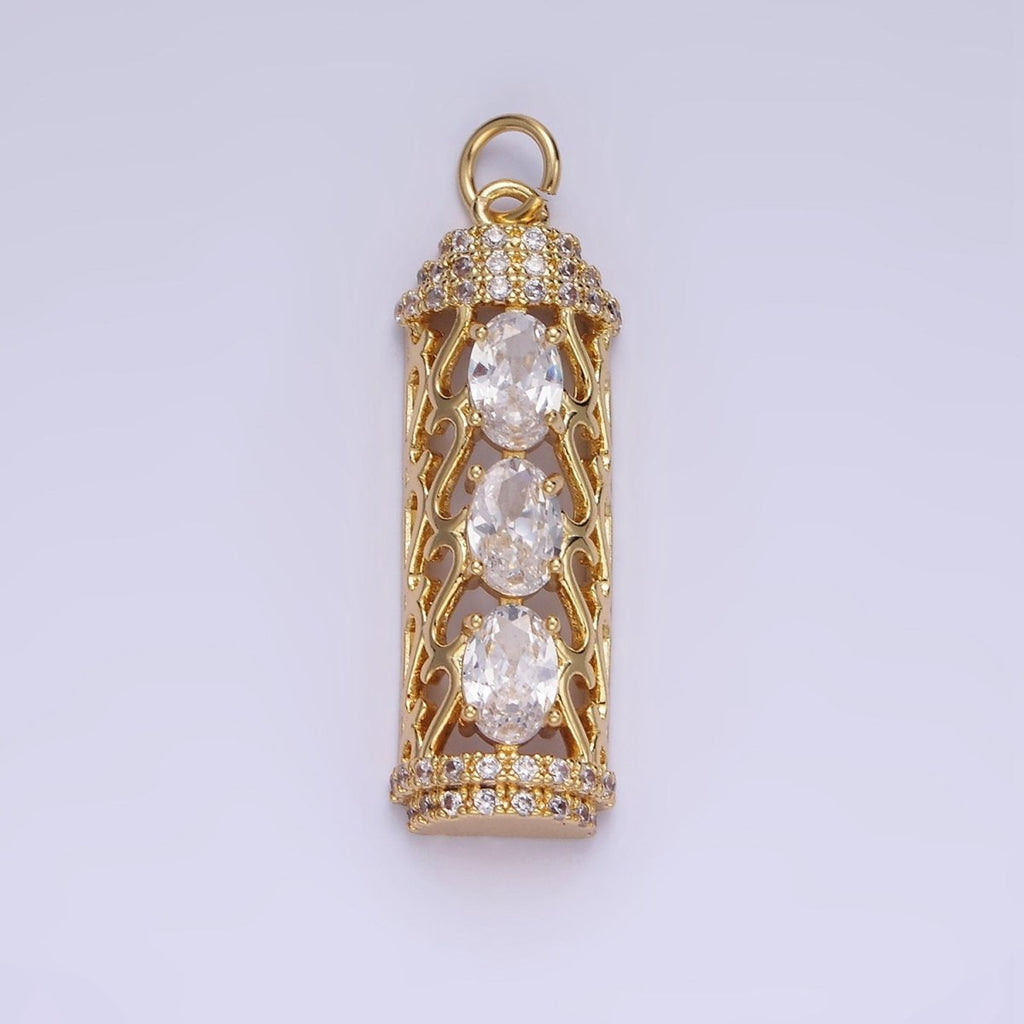 14K Gold plated Triple Oval CZ Open Filigree Micro Paved Tube Charm | AG620 - DLUXCA