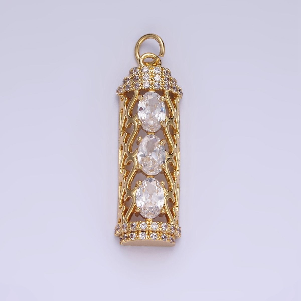 14K Gold plated Triple Oval CZ Open Filigree Micro Paved Tube Charm | AG620 - DLUXCA
