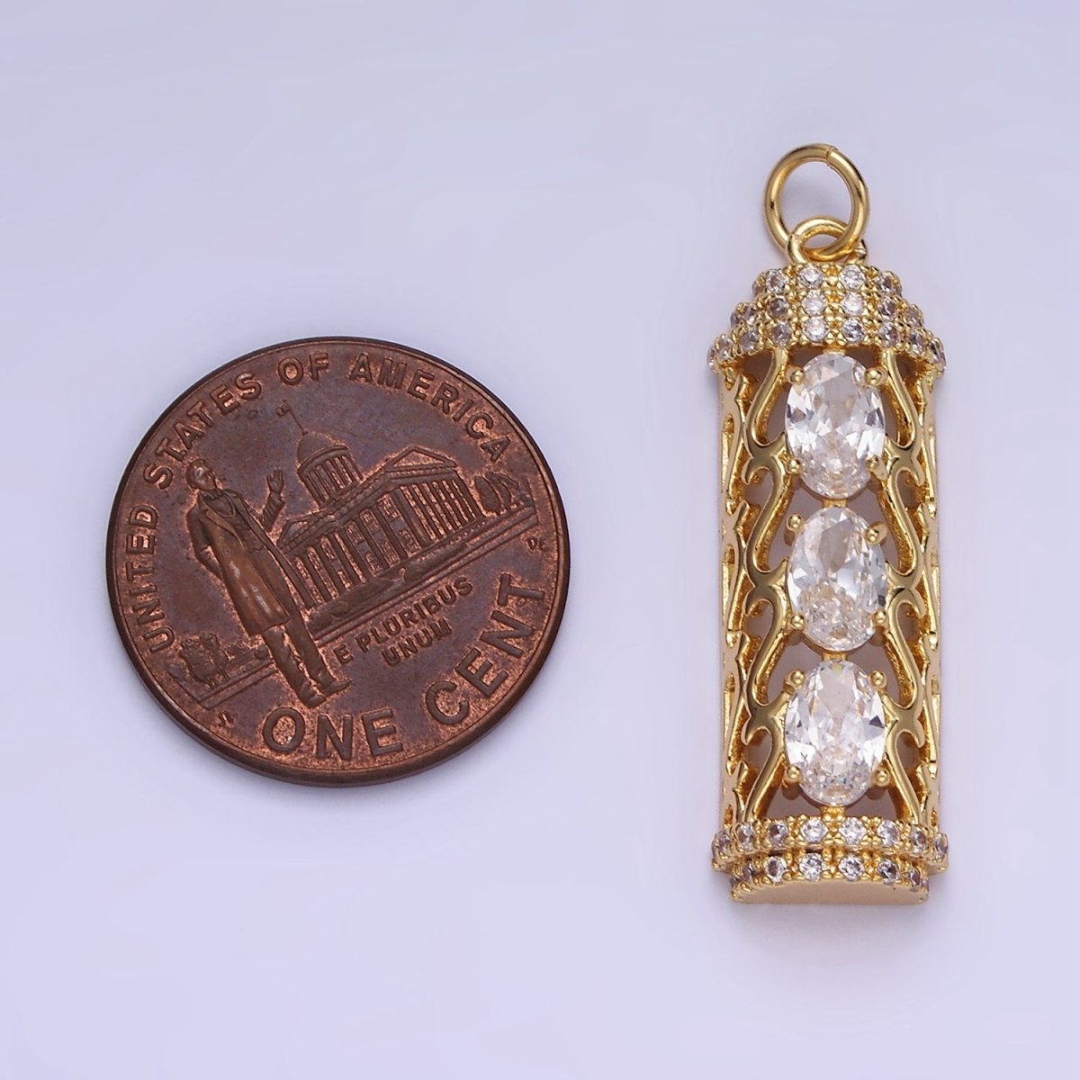 14K Gold plated Triple Oval CZ Open Filigree Micro Paved Tube Charm | AG620 - DLUXCA
