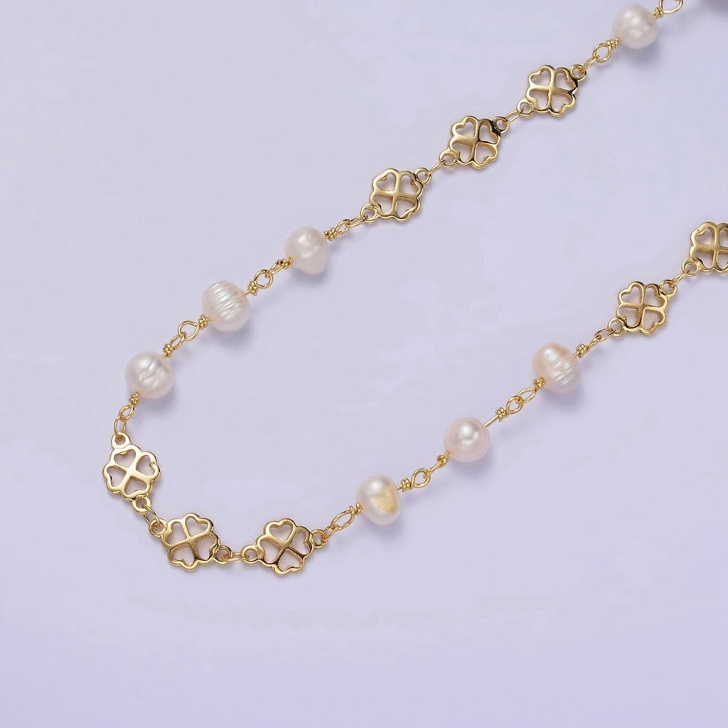 14K Gold plated Triple Ringed Button White Freshwater Pearl Clover Heart Petal Unfinished Designed Chain For Jewelry Making | ROLL-1409 Clearance Pricing - DLUXCA
