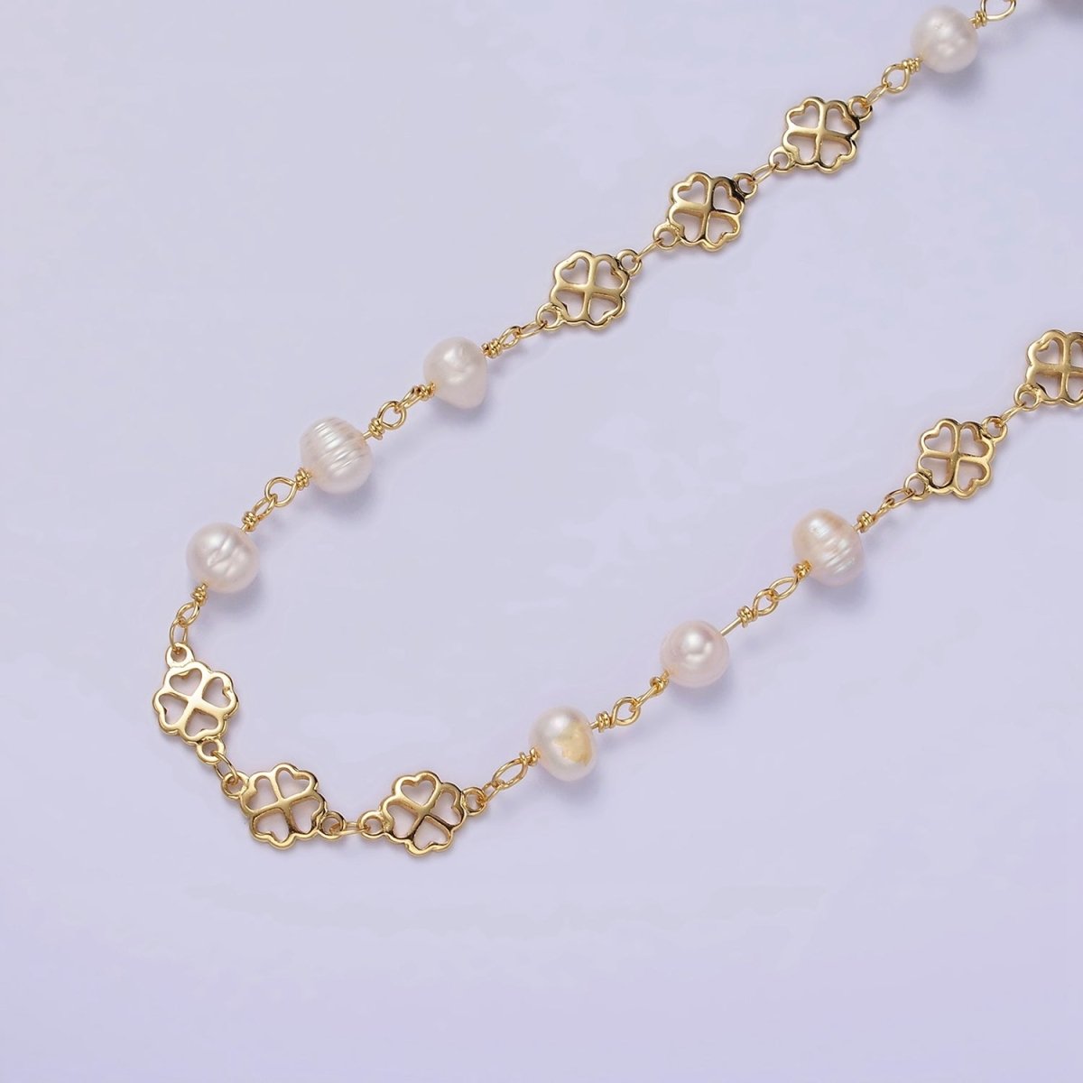 14K Gold plated Triple Ringed Button White Freshwater Pearl Clover Heart Petal Unfinished Designed Chain For Jewelry Making | ROLL-1409 Clearance Pricing - DLUXCA