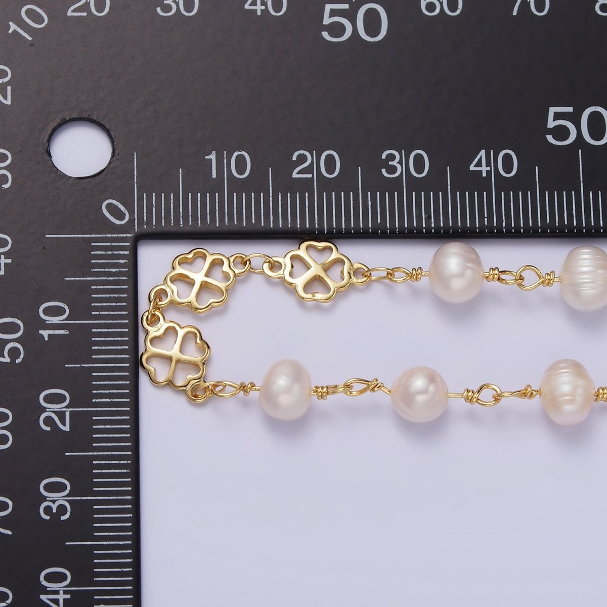 14K Gold plated Triple Ringed Button White Freshwater Pearl Clover Heart Petal Unfinished Designed Chain For Jewelry Making | ROLL-1409 Clearance Pricing - DLUXCA