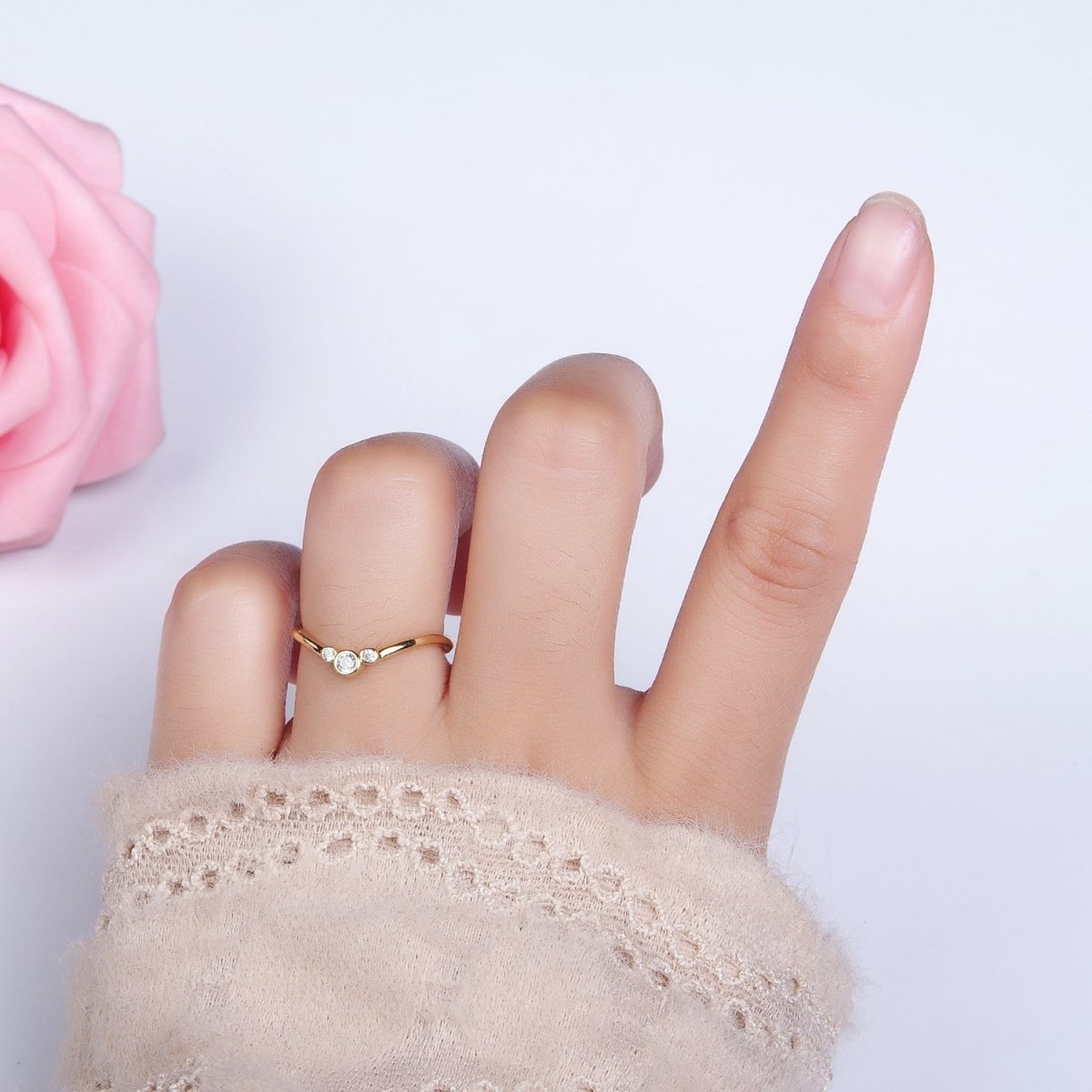 14K Gold plated Triple Round Clear CZ Bezel Chevron Ring | O1005 - DLUXCA