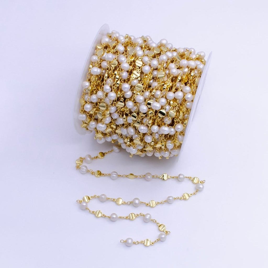 14K Gold plated Triple Round Disc White Freshwater Pearl Designed Unfinished Chain For Jewelry Making | ROLL - 1411 Clearance Pricing - DLUXCA