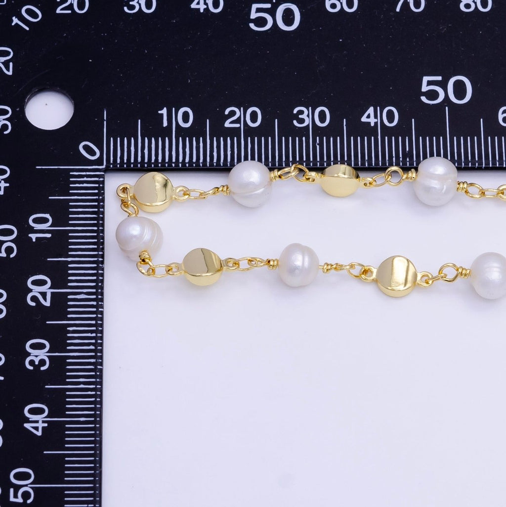 14K Gold plated Triple Round Disc White Freshwater Pearl Designed Unfinished Chain For Jewelry Making | ROLL - 1411 Clearance Pricing - DLUXCA