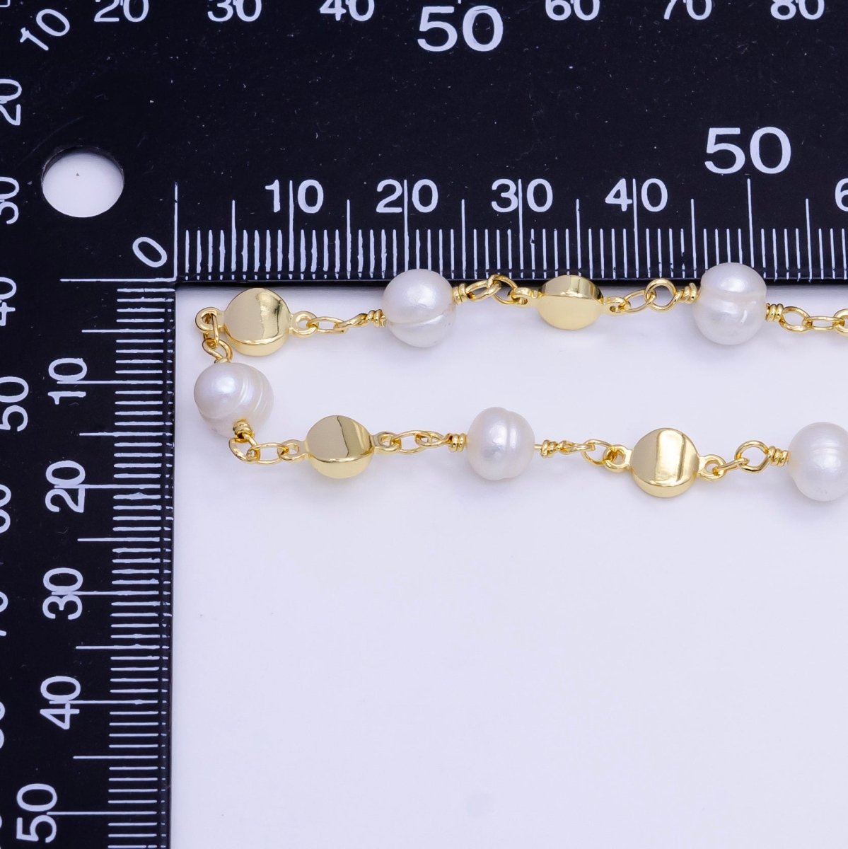 14K Gold plated Triple Round Disc White Freshwater Pearl Designed Unfinished Chain For Jewelry Making | ROLL - 1411 Clearance Pricing - DLUXCA