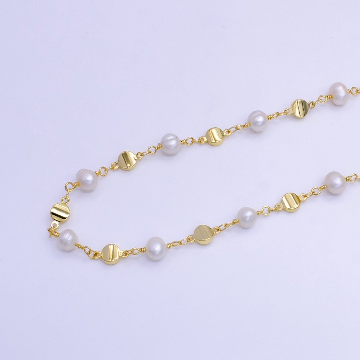 14K Gold plated Triple Round Disc White Freshwater Pearl Designed Unfinished Chain For Jewelry Making | ROLL - 1411 Clearance Pricing - DLUXCA