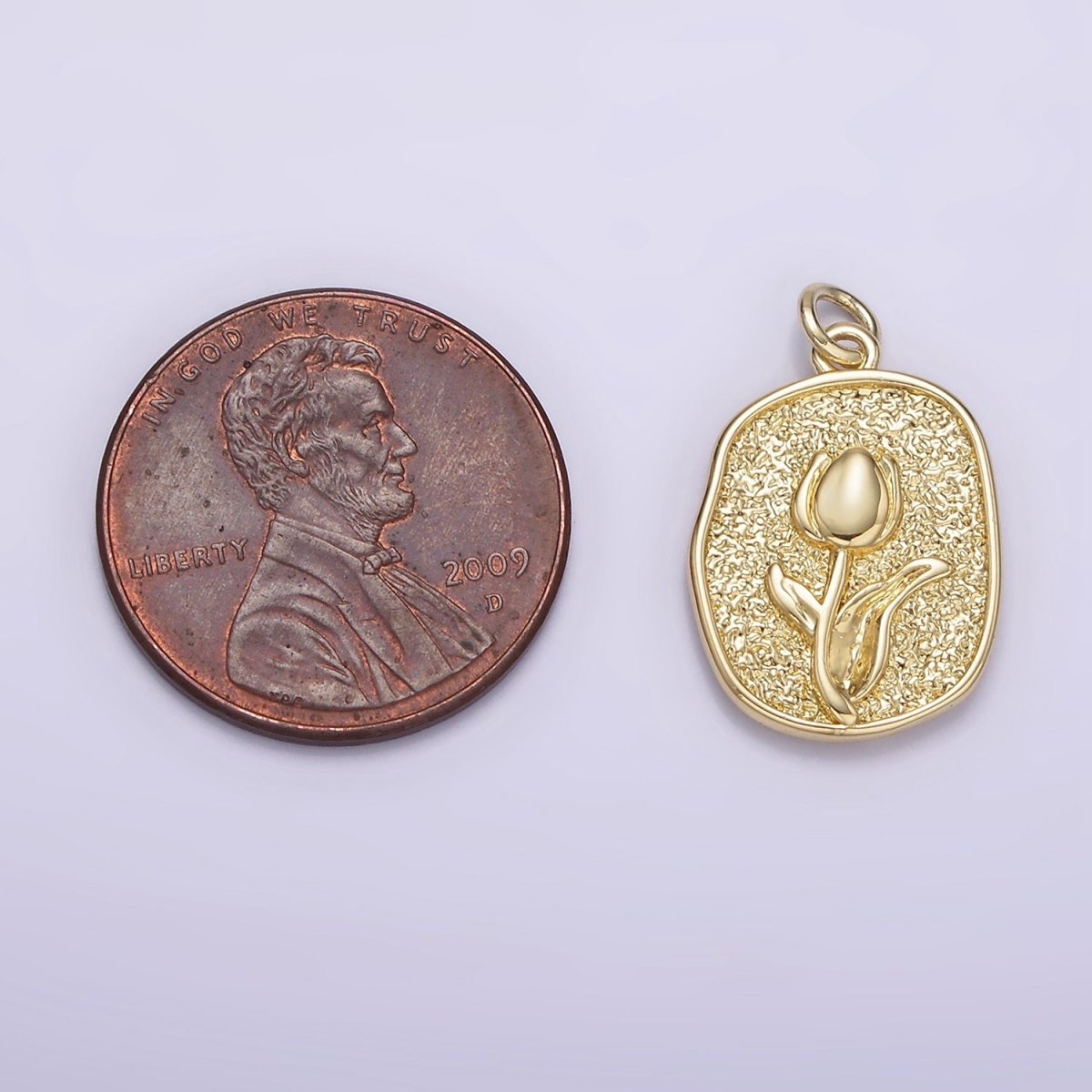 14K Gold plated Tulip April Birth Flower Hammered Stamped Personalized Double Sided Charm | AG246 - DLUXCA