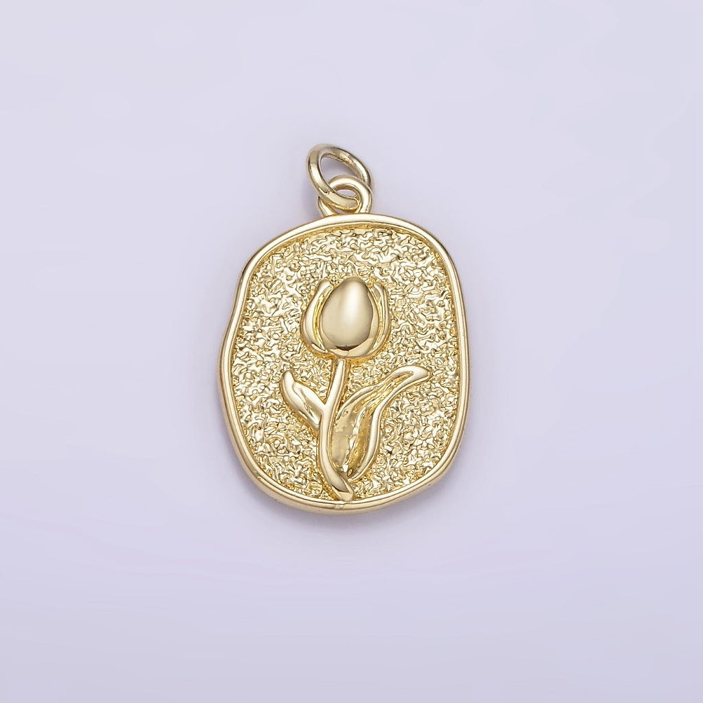 14K Gold plated Tulip April Birth Flower Hammered Stamped Personalized Double Sided Charm | AG246 - DLUXCA