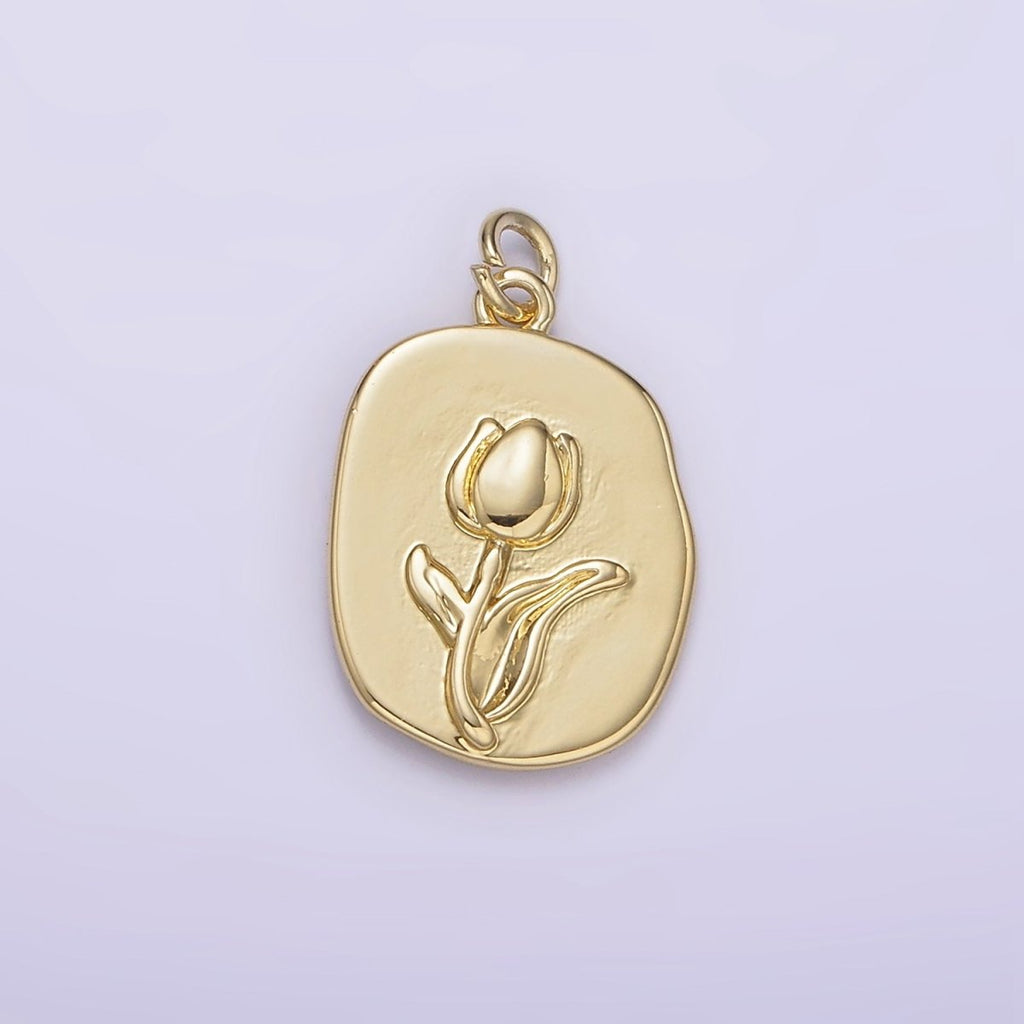 14K Gold plated Tulip April Birth Flower Hammered Stamped Personalized Double Sided Charm | AG246 - DLUXCA