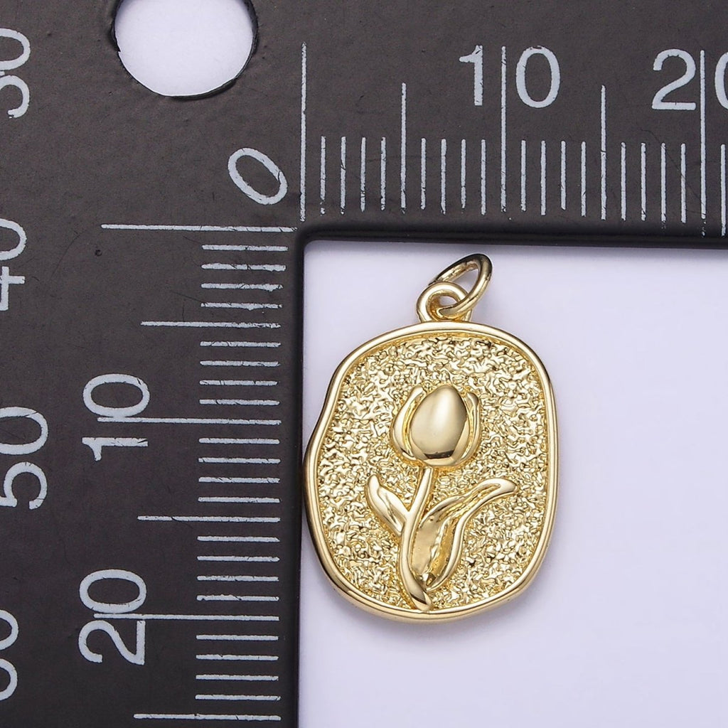 14K Gold plated Tulip April Birth Flower Hammered Stamped Personalized Double Sided Charm | AG246 - DLUXCA