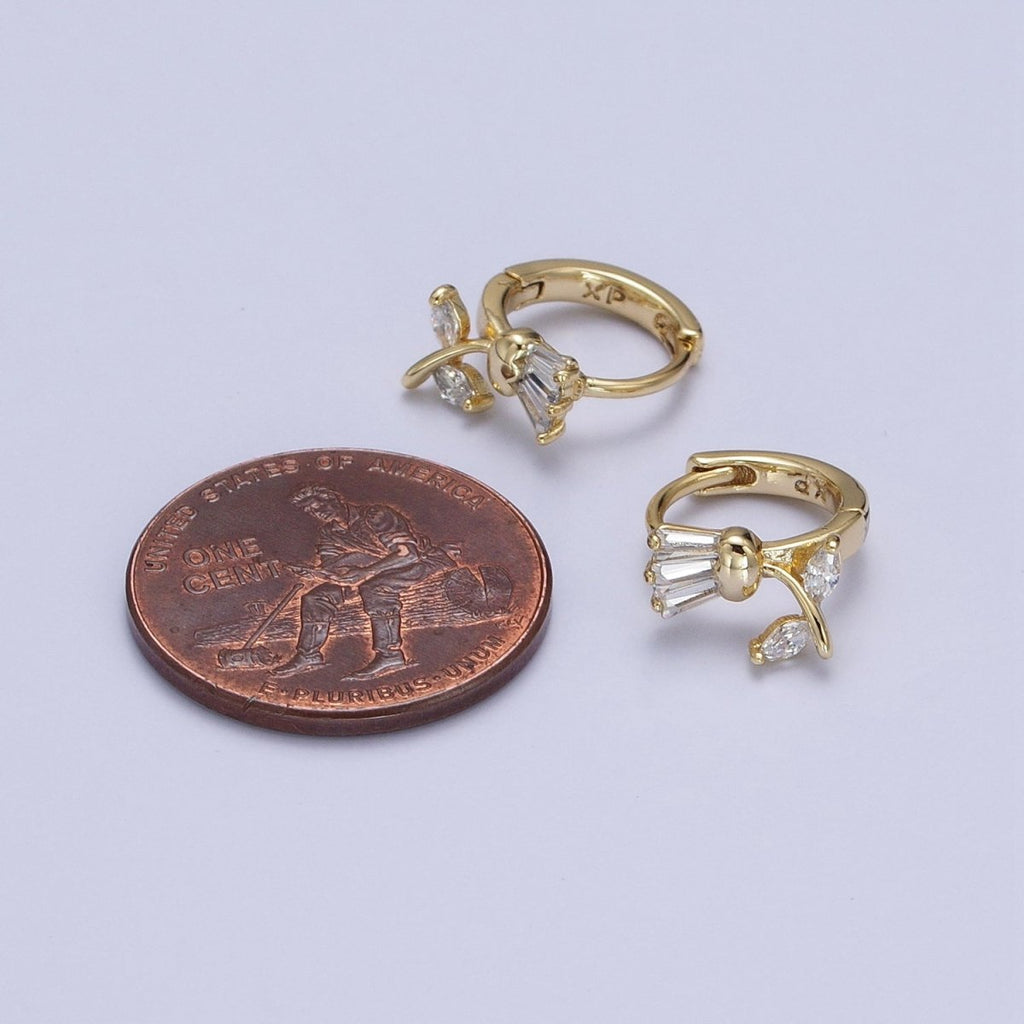 14K Gold plated Tulip Flower Clear CZ Triple Baguette Micro Paved Cartilage Huggie Earrings | AD1382 - DLUXCA