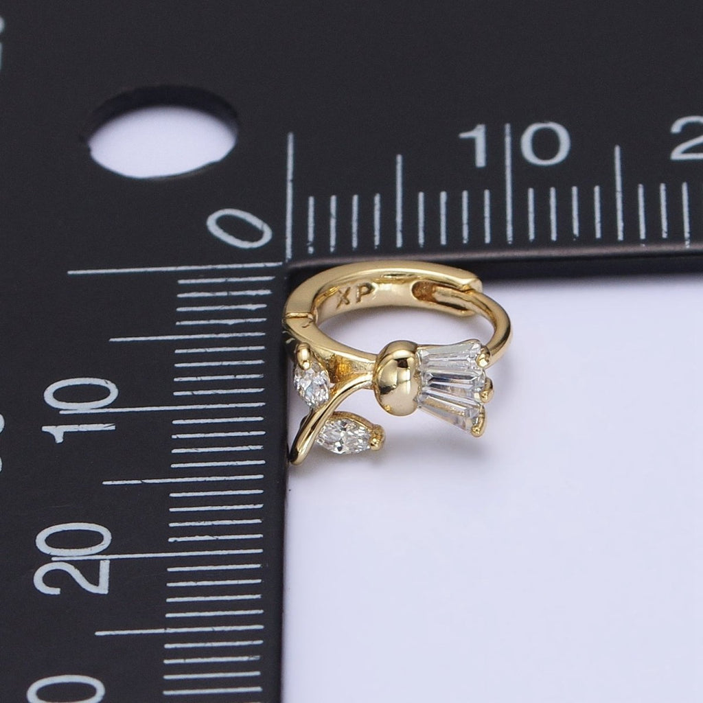 14K Gold plated Tulip Flower Clear CZ Triple Baguette Micro Paved Cartilage Huggie Earrings | AD1382 - DLUXCA