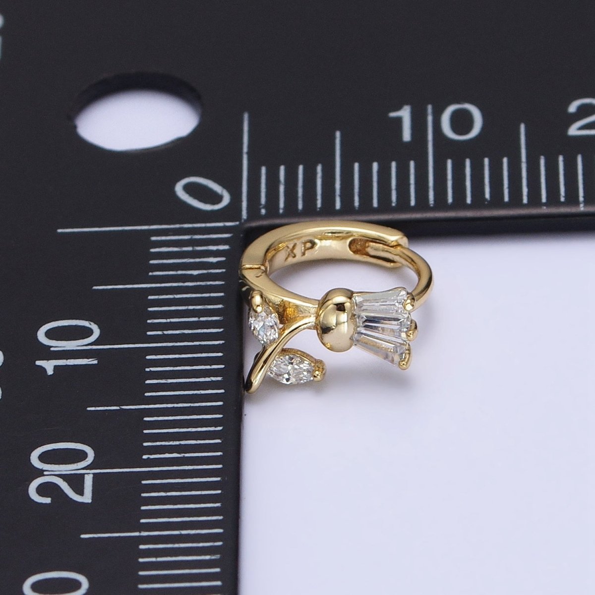 14K Gold plated Tulip Flower Clear CZ Triple Baguette Micro Paved Cartilage Huggie Earrings | AD1382 - DLUXCA
