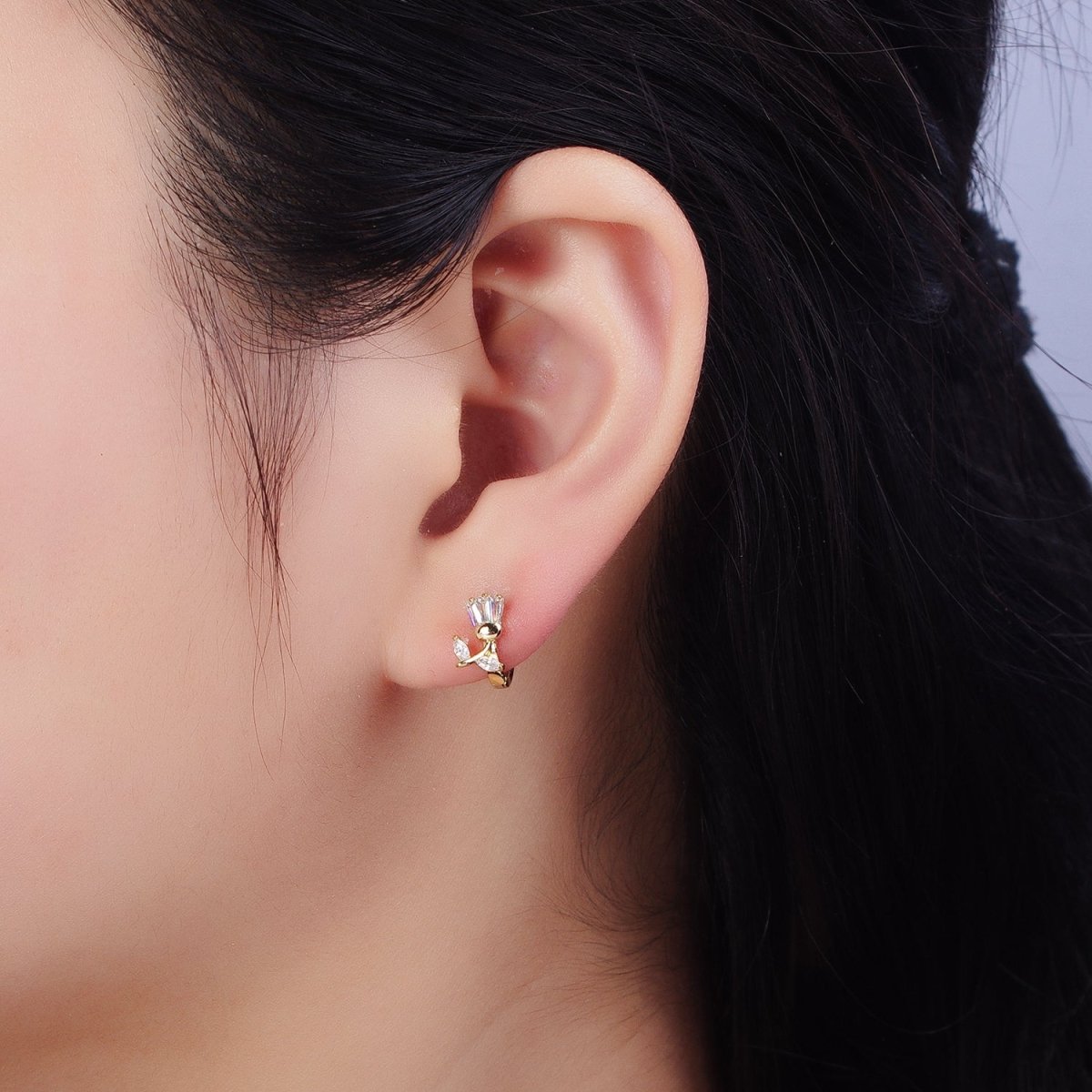 14K Gold plated Tulip Flower Clear CZ Triple Baguette Micro Paved Cartilage Huggie Earrings | AD1382 - DLUXCA