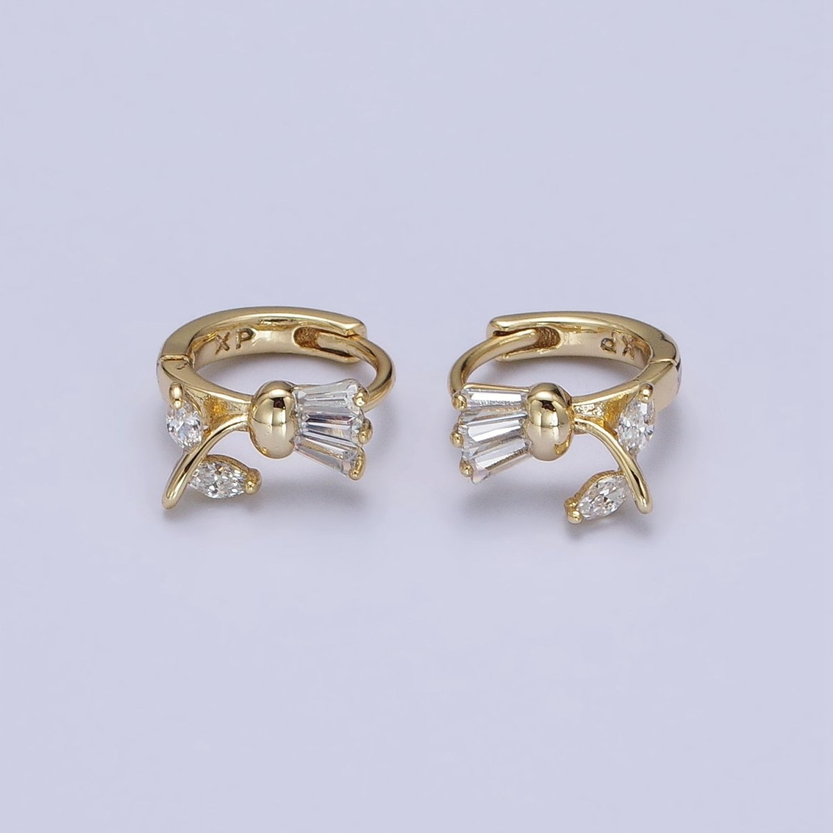 14K Gold plated Tulip Flower Clear CZ Triple Baguette Micro Paved Cartilage Huggie Earrings | AD1382 - DLUXCA