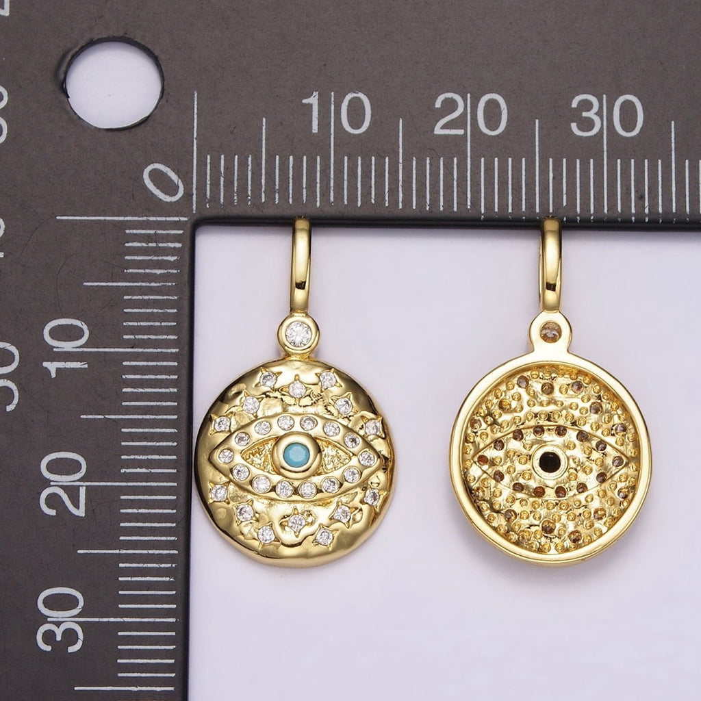 14K Gold plated Turquoise, Black CZ Evil Eye Celestial Star Hammered Round Pendant | AH085 AH086