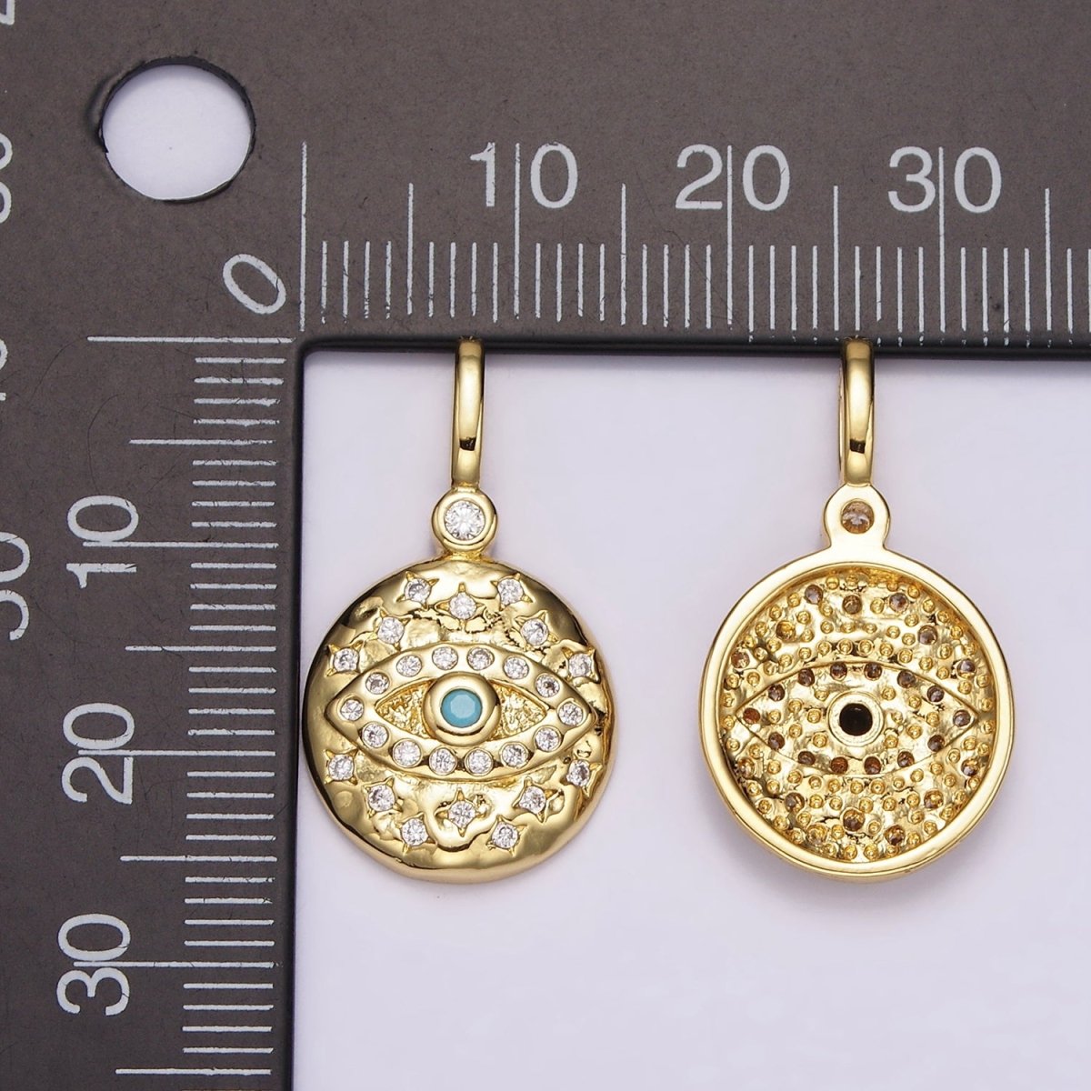 14K Gold plated Turquoise, Black CZ Evil Eye Celestial Star Hammered Round Pendant | AH085 AH086