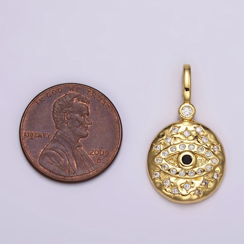 14K Gold plated Turquoise, Black CZ Evil Eye Celestial Star Hammered Round Pendant | AH085 AH086