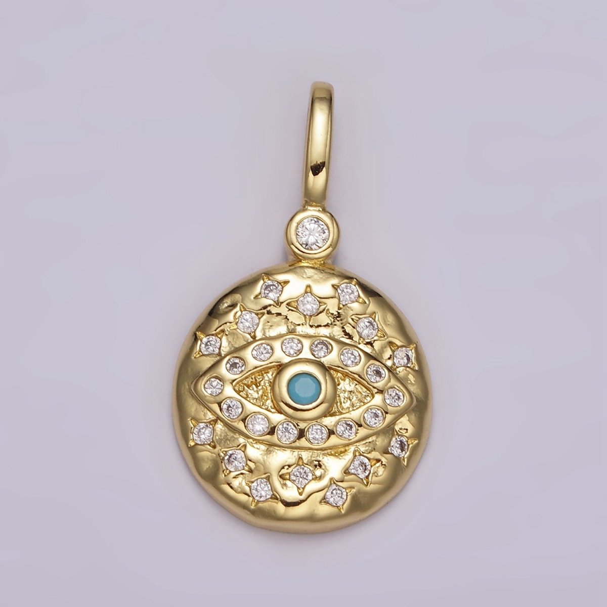 14K Gold plated Turquoise, Black CZ Evil Eye Celestial Star Hammered Round Pendant | AH085 AH086