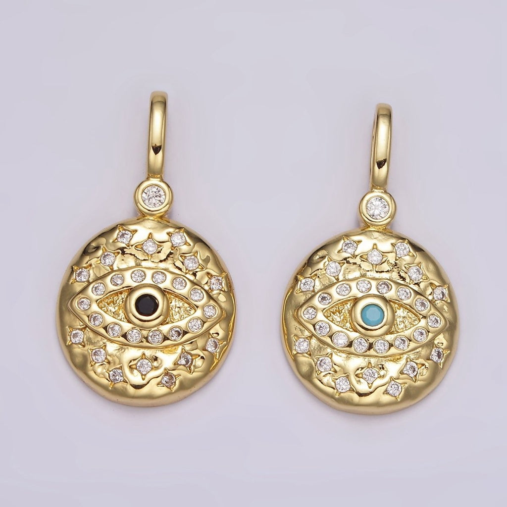 14K Gold plated Turquoise, Black CZ Evil Eye Celestial Star Hammered Round Pendant | AH085 AH086