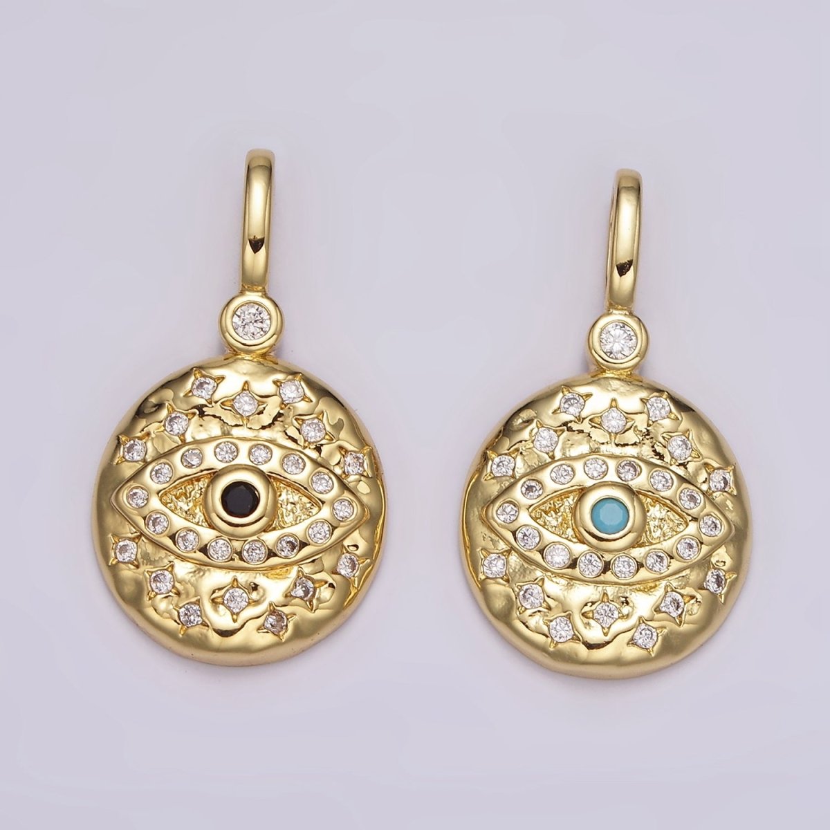 14K Gold plated Turquoise, Black CZ Evil Eye Celestial Star Hammered Round Pendant | AH085 AH086