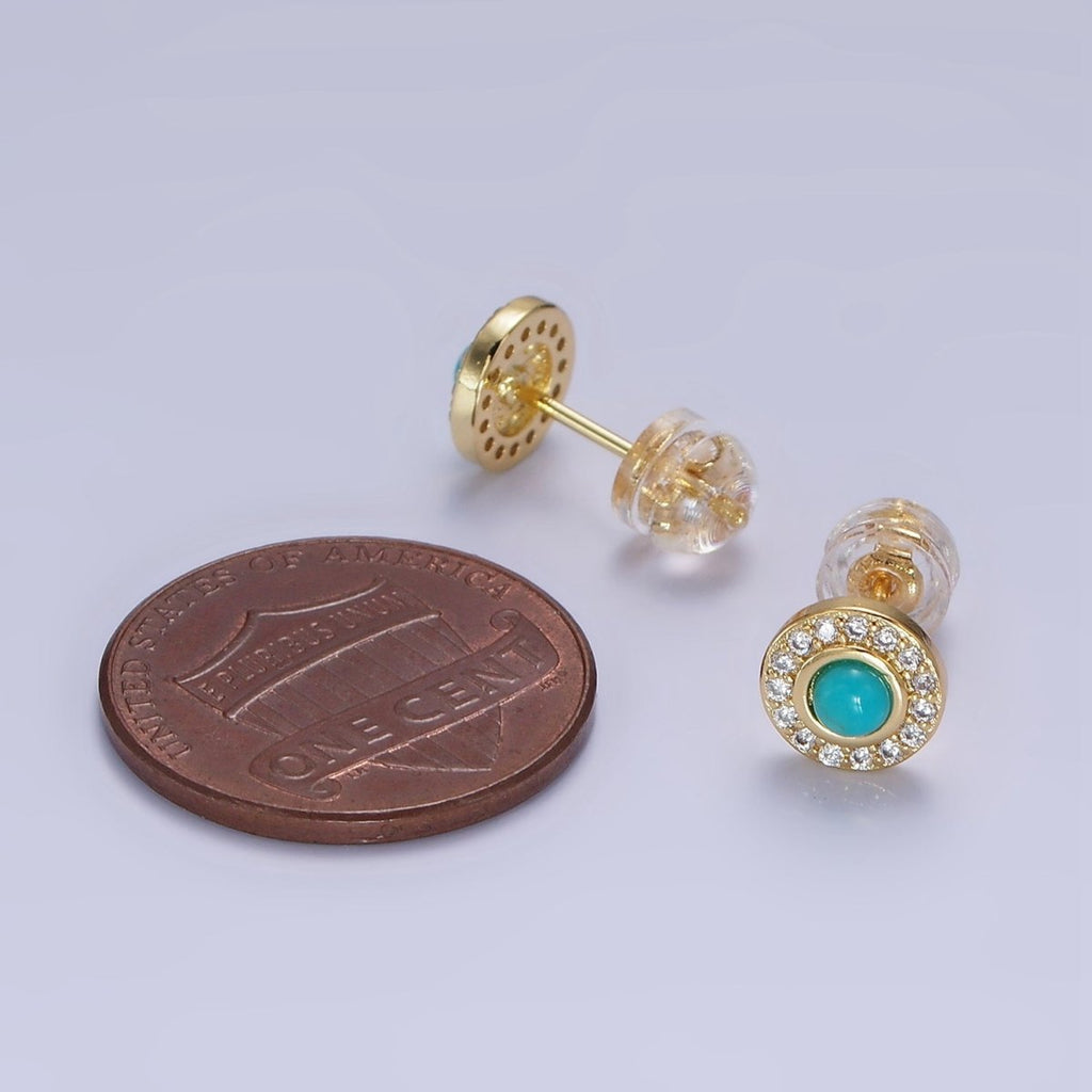 14K Gold plated Turquoise Clear CZ Micro Paved Round Stud Earrings | P472 - DLUXCA