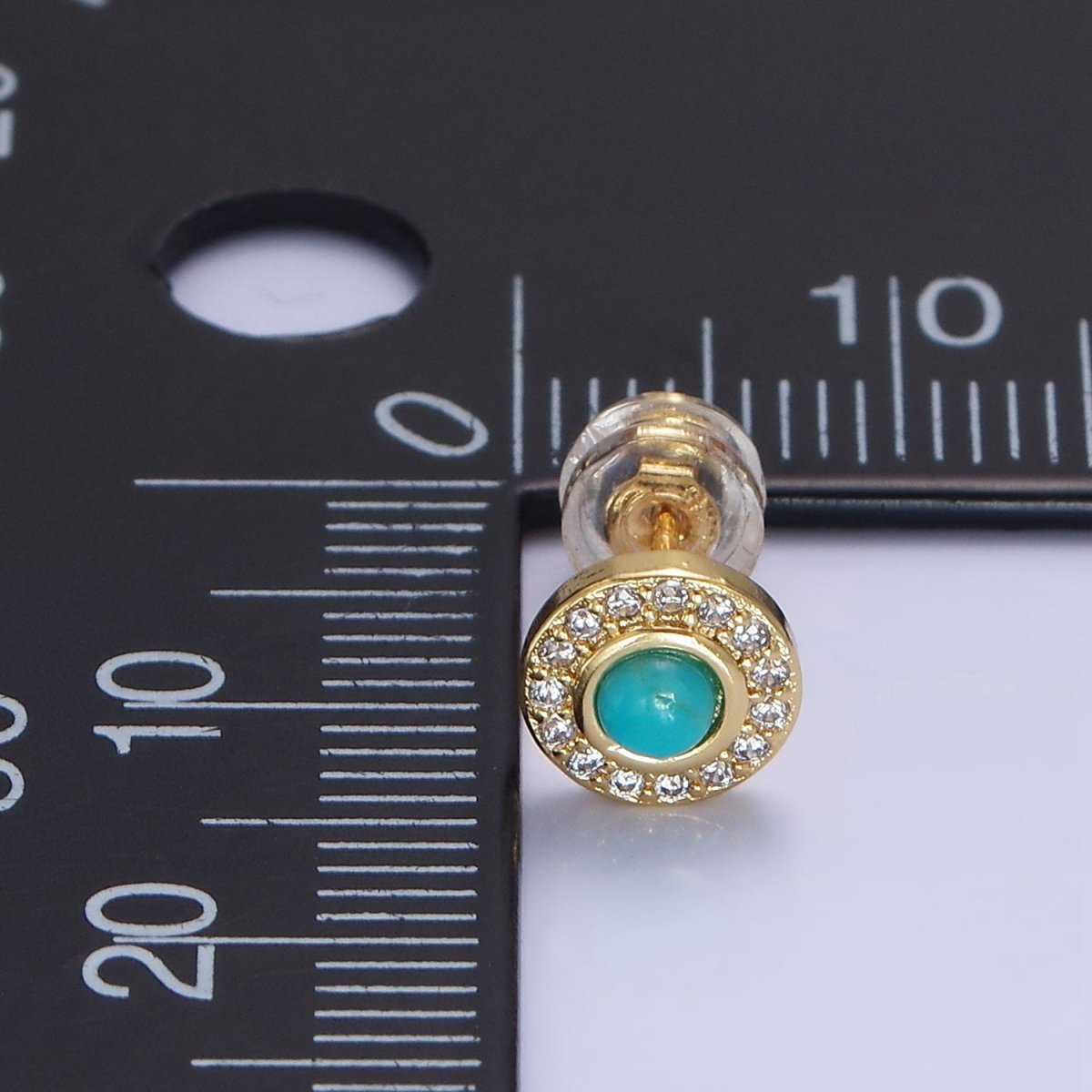 14K Gold plated Turquoise Clear CZ Micro Paved Round Stud Earrings | P472 - DLUXCA