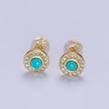 14K Gold plated Turquoise Clear CZ Micro Paved Round Stud Earrings | P472 - DLUXCA