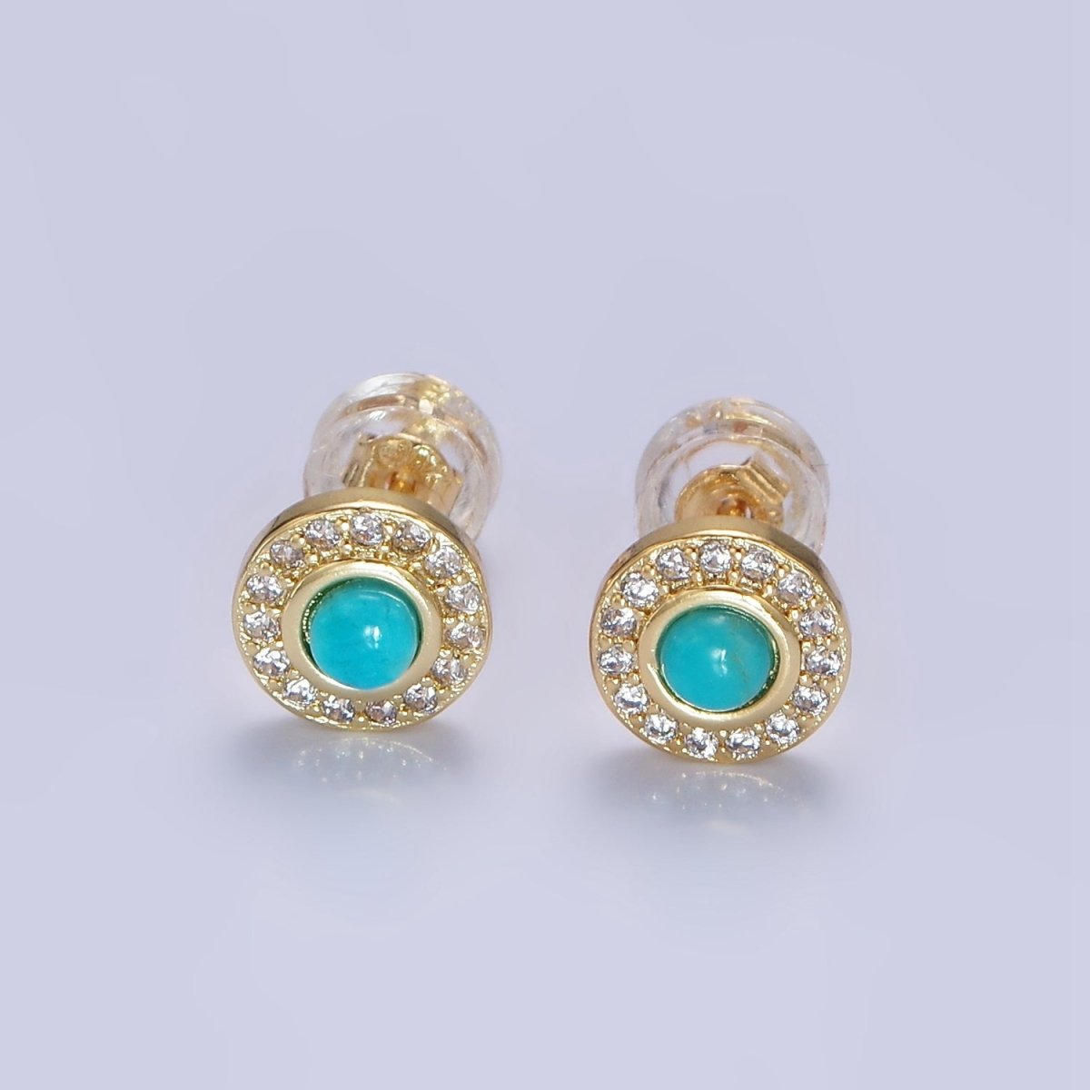 14K Gold plated Turquoise Clear CZ Micro Paved Round Stud Earrings | P472 - DLUXCA
