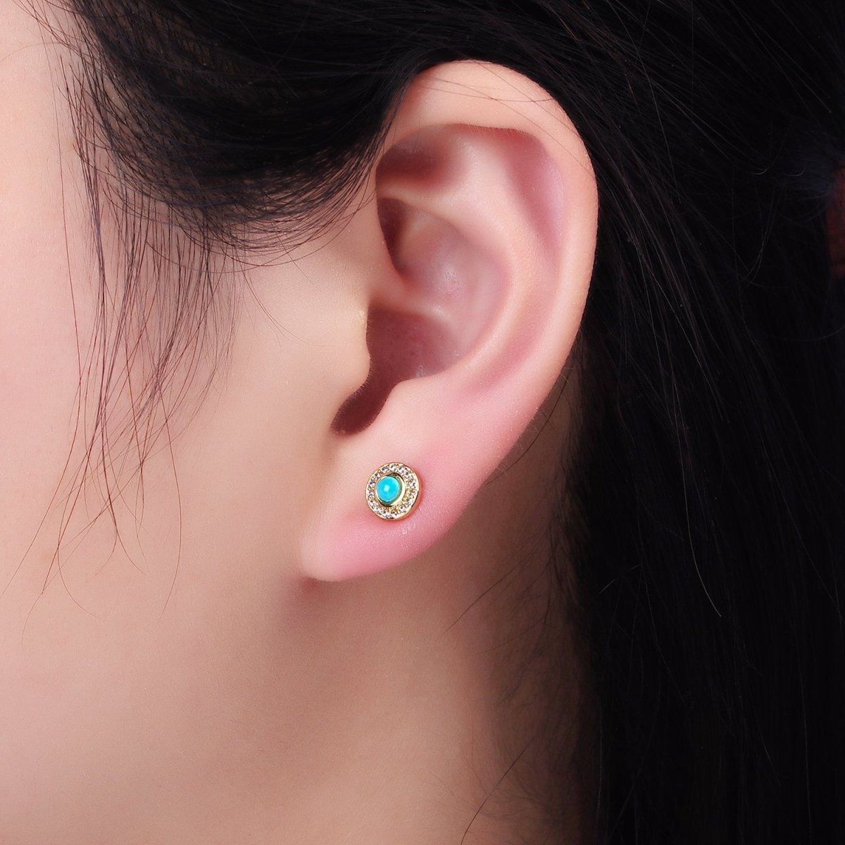 14K Gold plated Turquoise Clear CZ Micro Paved Round Stud Earrings | P472 - DLUXCA