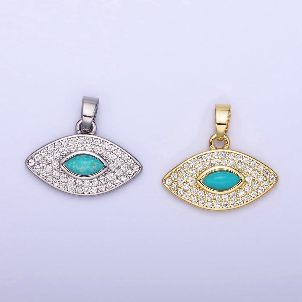 14K Gold plated Turquoise Evil Eye Micro Paved CZ Pendant in Gold & Silver | AA1252 - DLUXCA