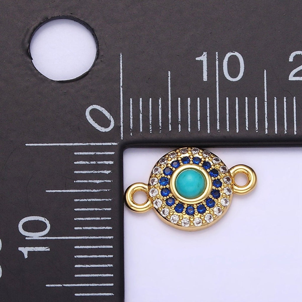 14K Gold plated Turquoise Gemstone Micro Paved CZ Round Connector | G356 - DLUXCA