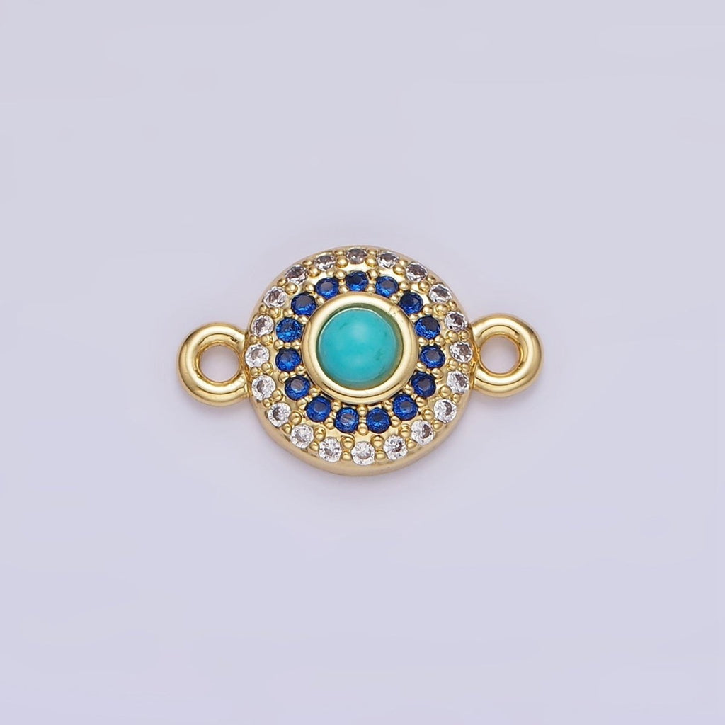 14K Gold plated Turquoise Gemstone Micro Paved CZ Round Connector | G356 - DLUXCA