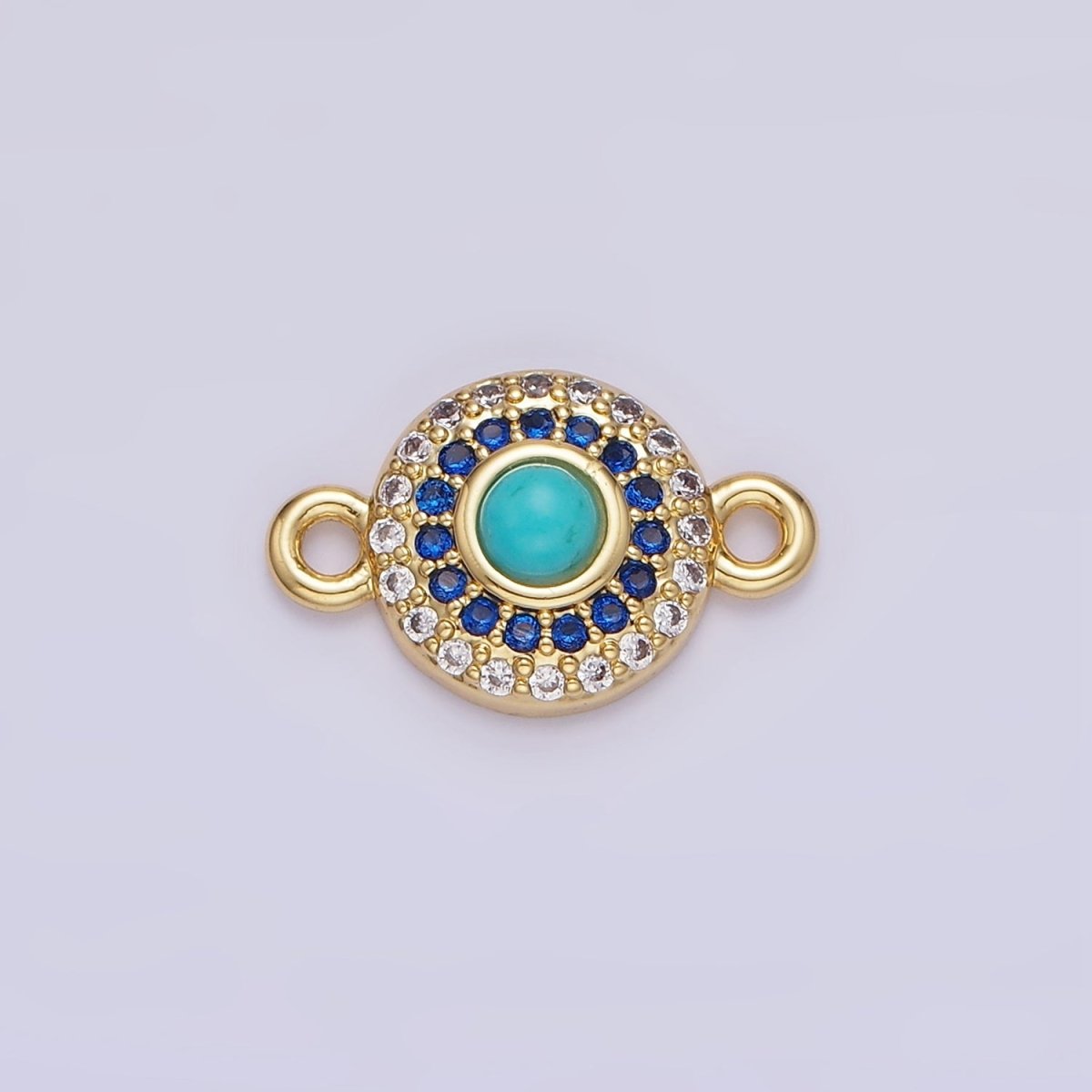 14K Gold plated Turquoise Gemstone Micro Paved CZ Round Connector | G356 - DLUXCA