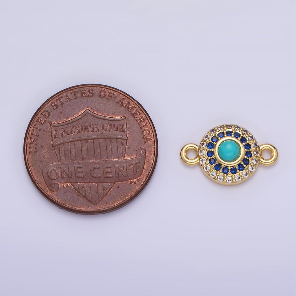 14K Gold plated Turquoise Gemstone Micro Paved CZ Round Connector | G356 - DLUXCA