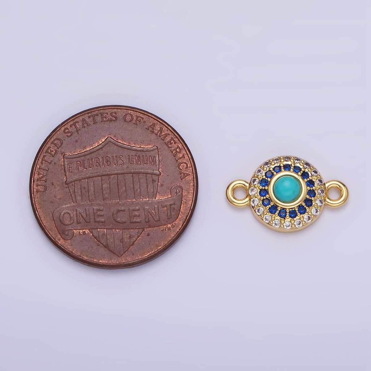 14K Gold plated Turquoise Gemstone Micro Paved CZ Round Connector | G356 - DLUXCA