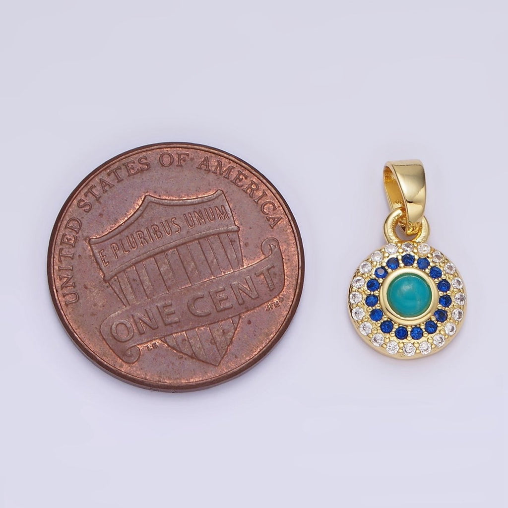 14K Gold plated Turquoise Gemstone Micro Paved CZ Round Pendant | AH161 - DLUXCA