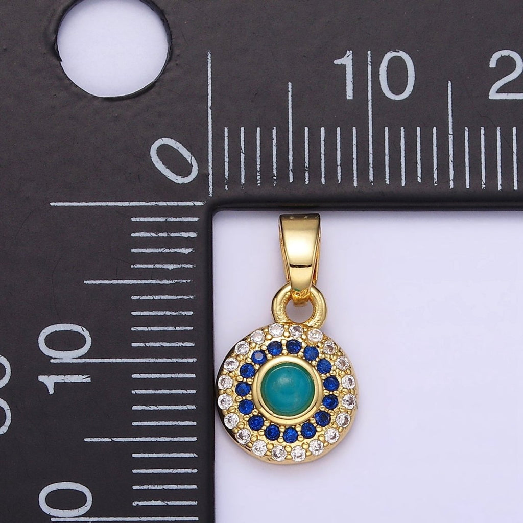 14K Gold plated Turquoise Gemstone Micro Paved CZ Round Pendant | AH161 - DLUXCA