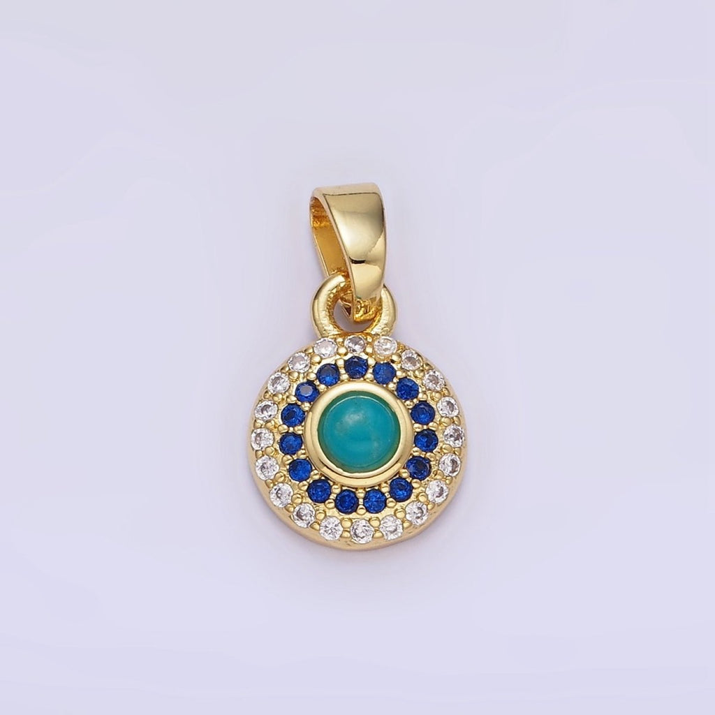 14K Gold plated Turquoise Gemstone Micro Paved CZ Round Pendant | AH161 - DLUXCA