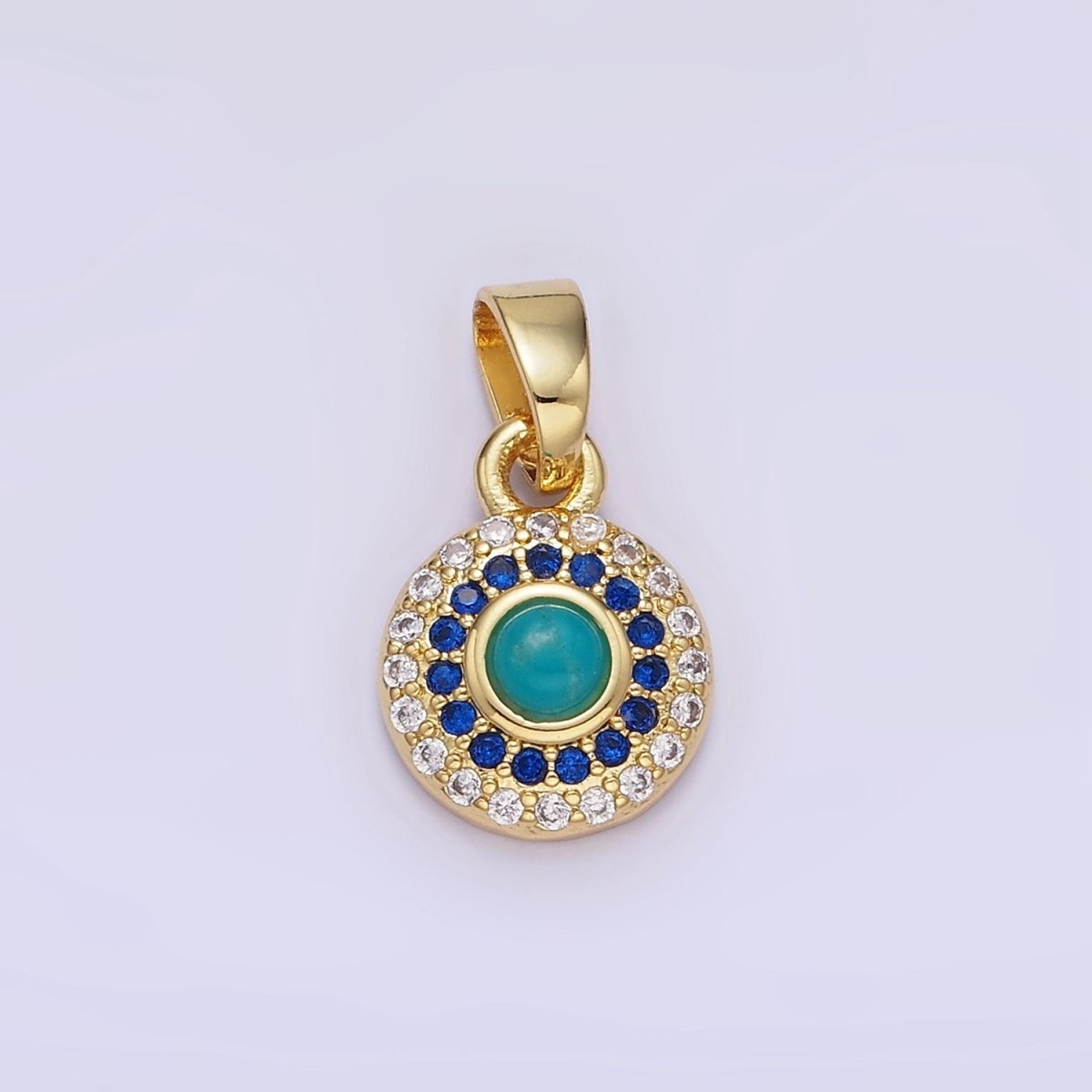 14K Gold plated Turquoise Gemstone Micro Paved CZ Round Pendant | AH161 - DLUXCA