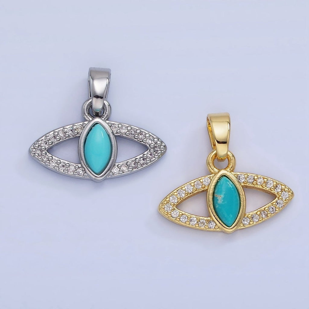 14K Gold plated Turquoise Open Micro Paved Evil Eye Pendant in Gold & Silver | AA1250