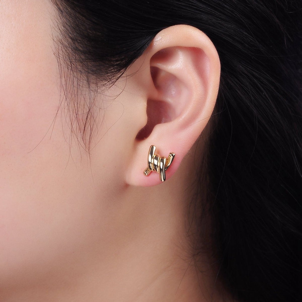 14K Gold plated Twist Band Minimalist Stud Earrings | V539 - DLUXCA