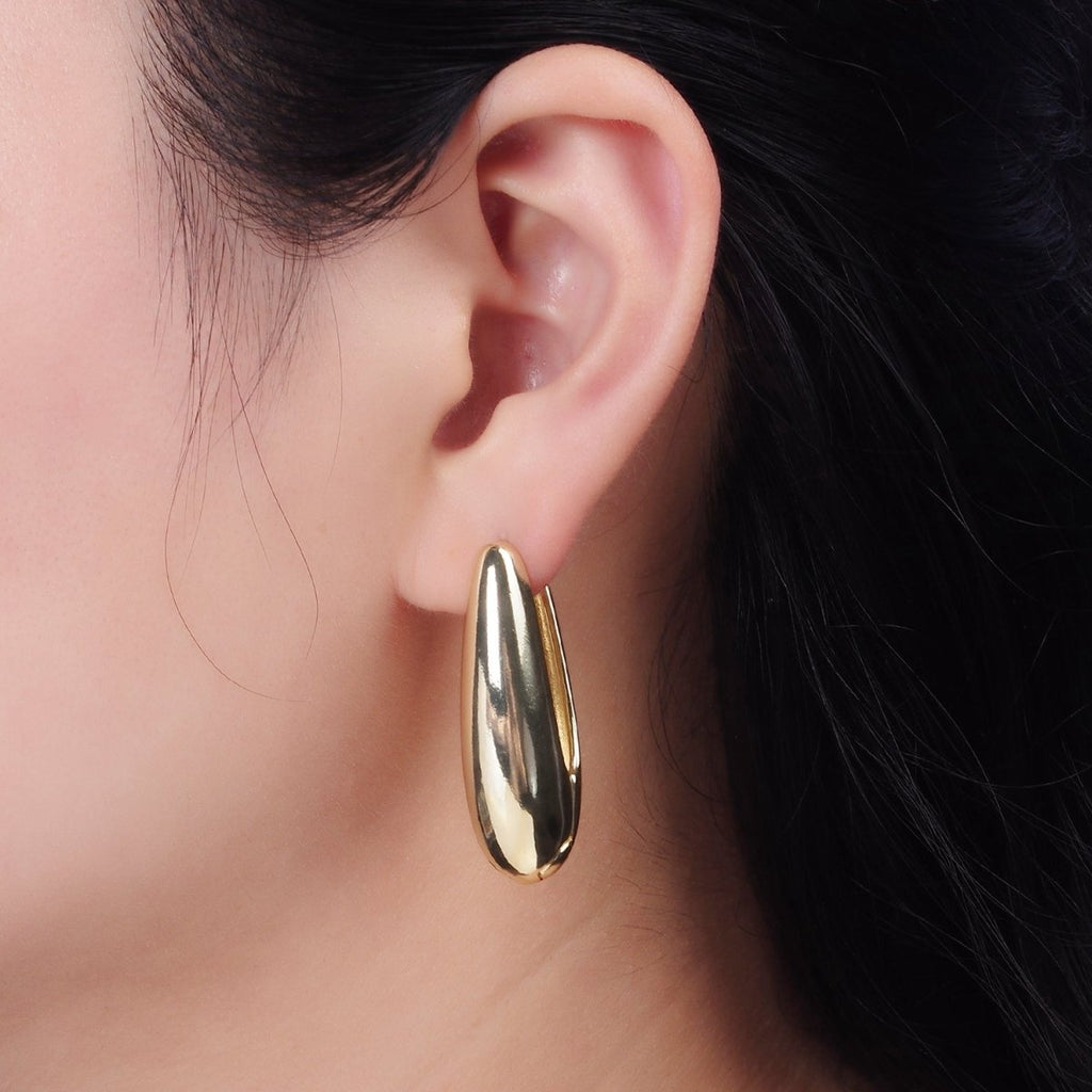 14K Gold plated U-Shaped Oblong Dome Hoop Earrings | AE256 - DLUXCA